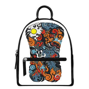 Japanese Elemental Tattoo Print Leather Backpack