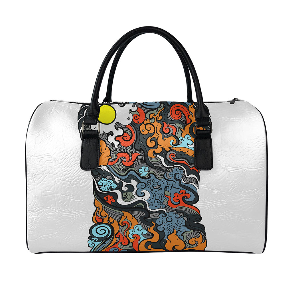 Japanese Elemental Tattoo Print Leather Duffle Bag