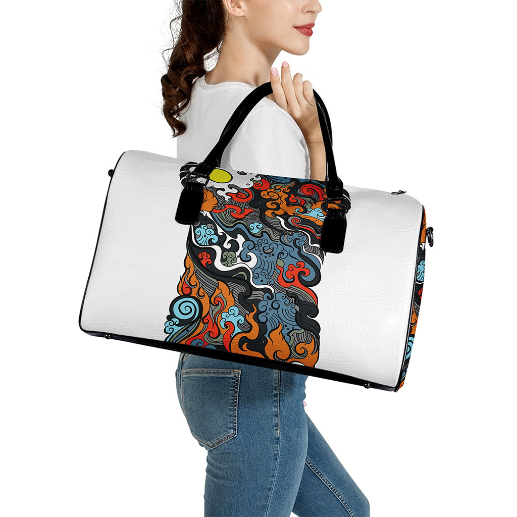 Japanese Elemental Tattoo Print Leather Duffle Bag