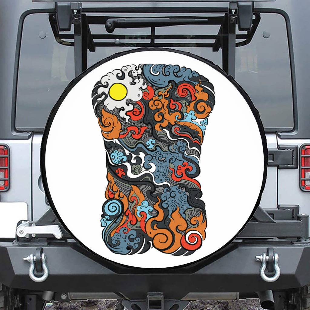 Japanese Elemental Tattoo Print Leather Spare Tire Cover