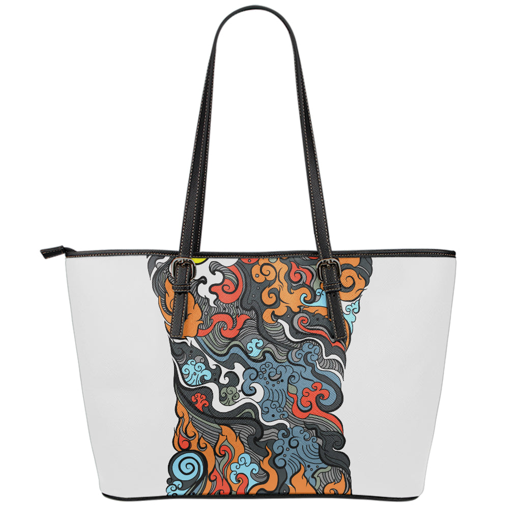 Japanese Elemental Tattoo Print Leather Tote Bag