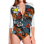 Japanese Elemental Tattoo Print Long Sleeve Swimsuit