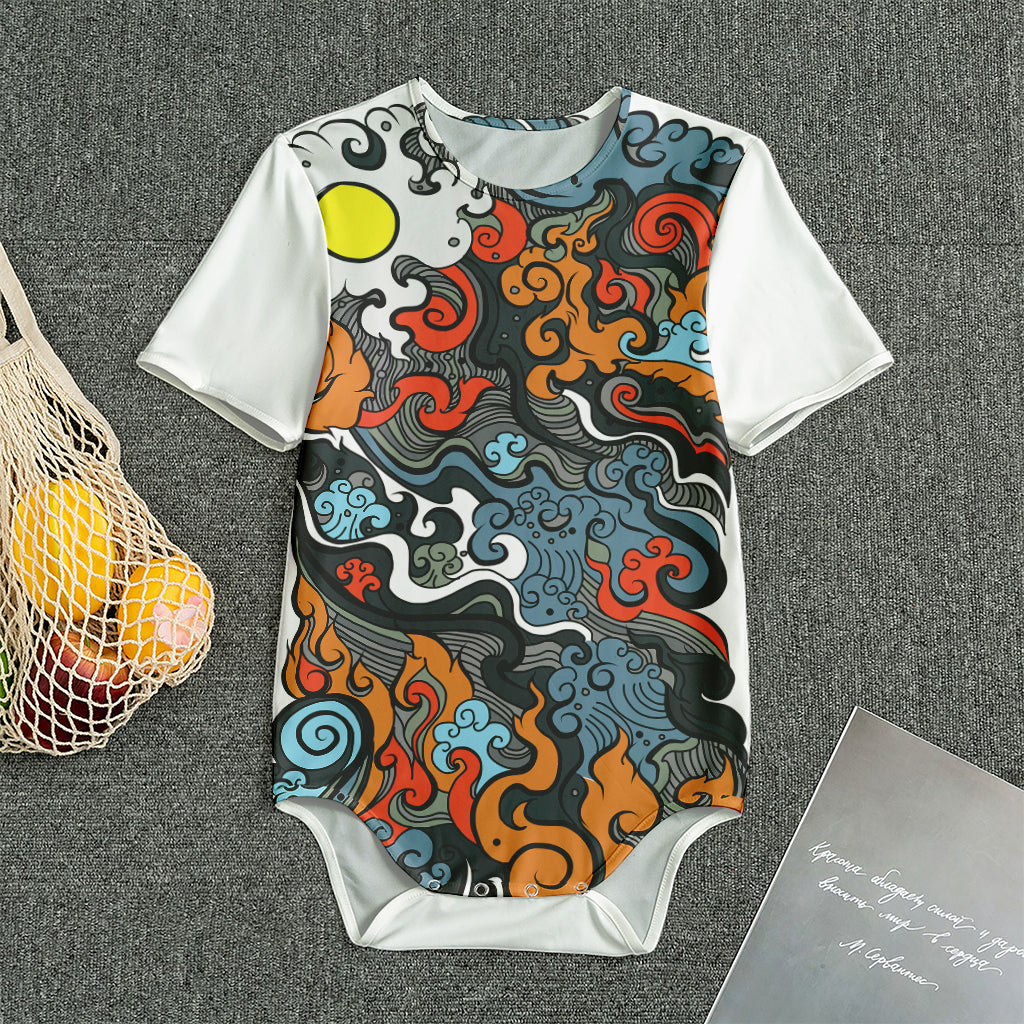 Japanese Elemental Tattoo Print Men's Bodysuit