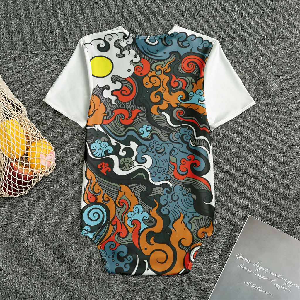 Japanese Elemental Tattoo Print Men's Bodysuit