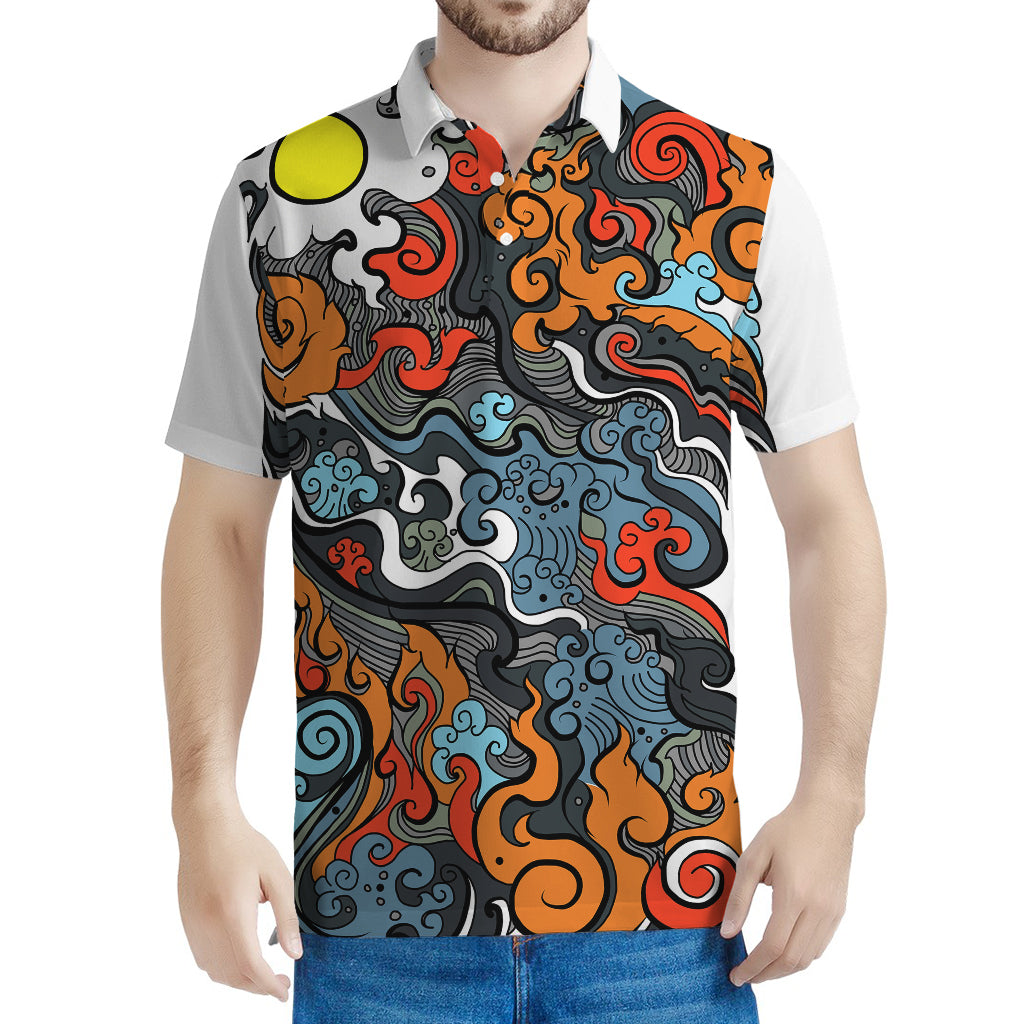 Japanese Elemental Tattoo Print Men's Polo Shirt