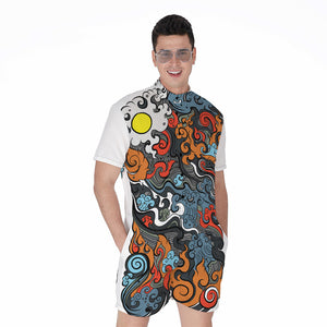 Japanese Elemental Tattoo Print Men's Rompers