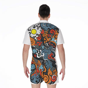 Japanese Elemental Tattoo Print Men's Rompers