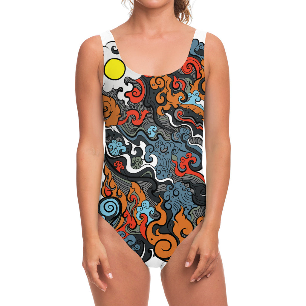 Japanese Elemental Tattoo Print One Piece Swimsuit