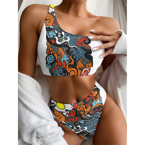 Japanese Elemental Tattoo Print One Shoulder Bikini Top