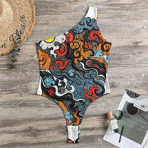 Japanese Elemental Tattoo Print One Shoulder Bodysuit