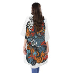 Japanese Elemental Tattoo Print Open Front Beach Cover Up