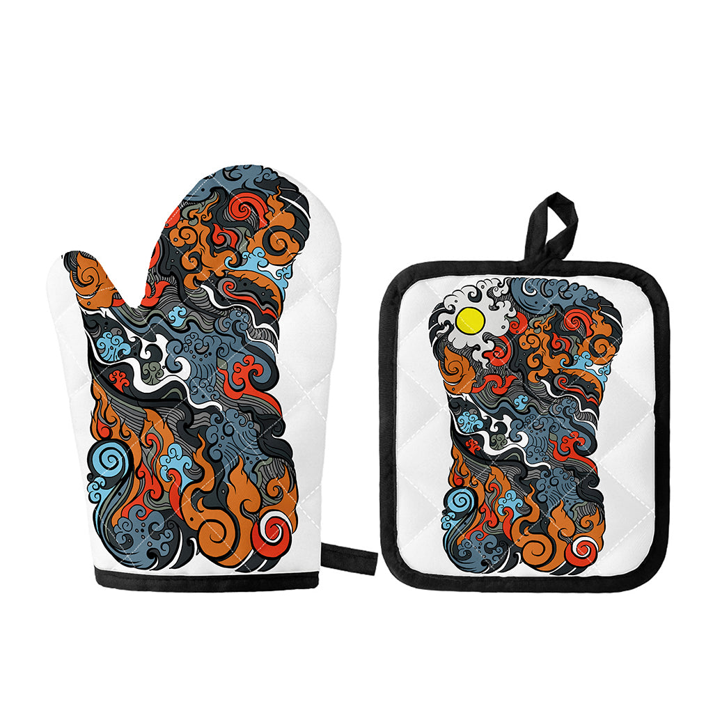 Japanese Elemental Tattoo Print Oven Mitt And Pot Holder Set