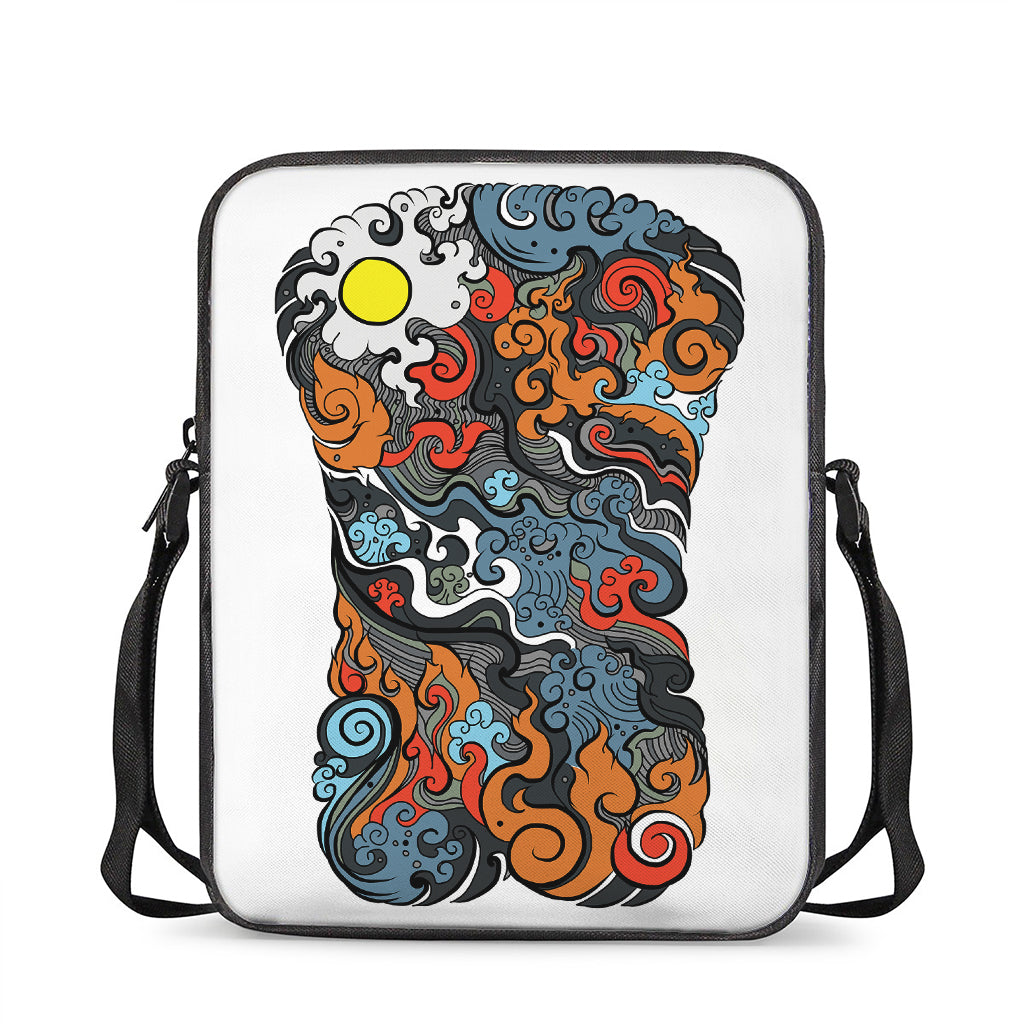 Japanese Elemental Tattoo Print Rectangular Crossbody Bag