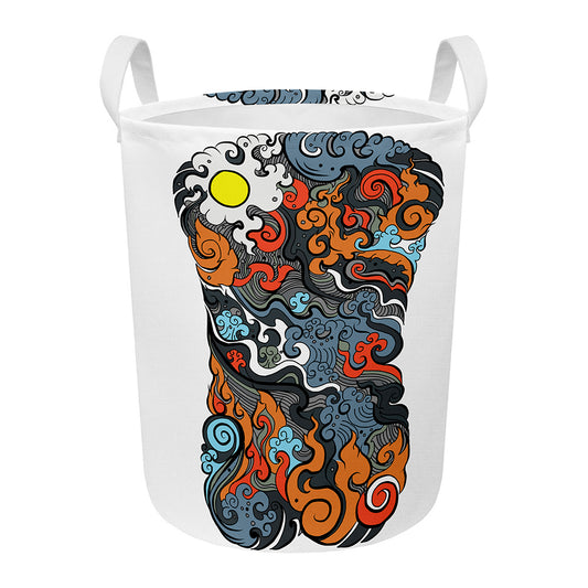 Japanese Elemental Tattoo Print Round Laundry Basket