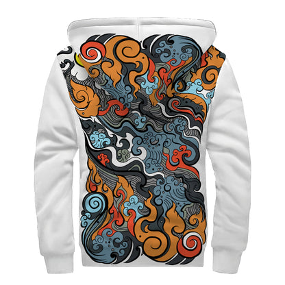 Japanese Elemental Tattoo Print Sherpa Lined Zip Up Hoodie