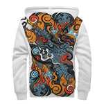 Japanese Elemental Tattoo Print Sherpa Lined Zip Up Hoodie