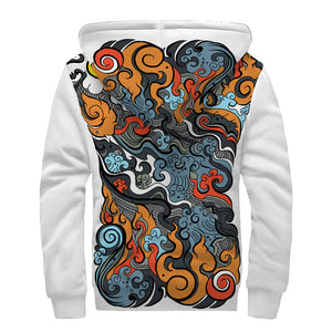 Japanese Elemental Tattoo Print Sherpa Lined Zip Up Hoodie