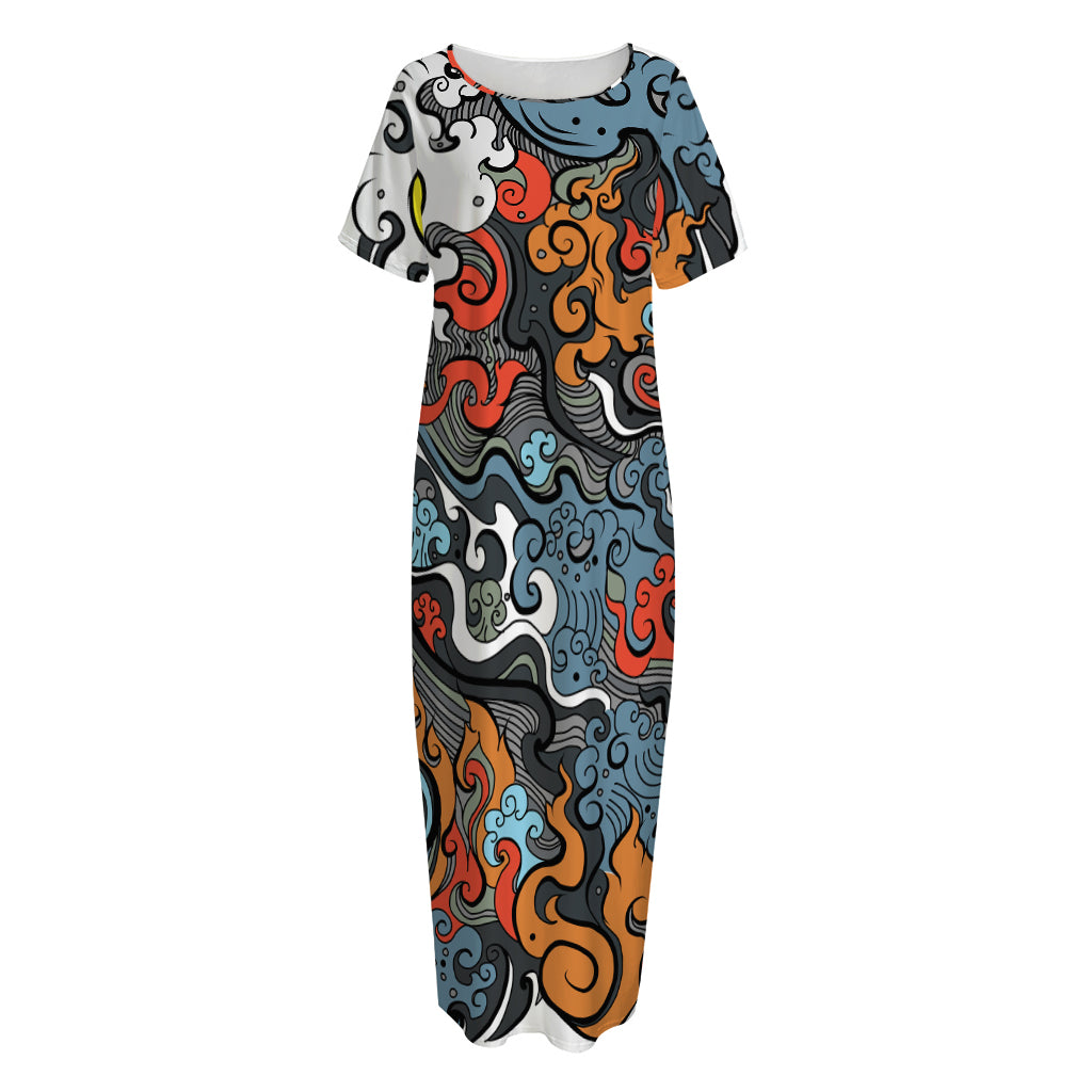 Japanese Elemental Tattoo Print Short Sleeve Long Nightdress