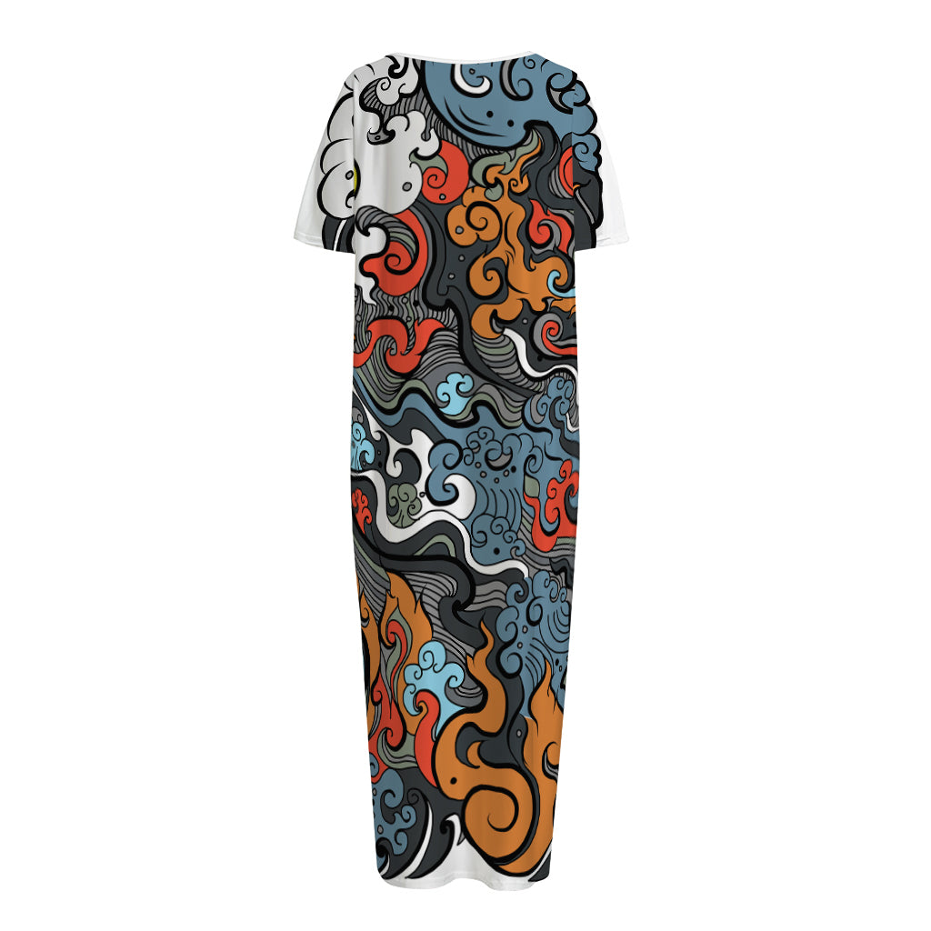 Japanese Elemental Tattoo Print Short Sleeve Long Nightdress