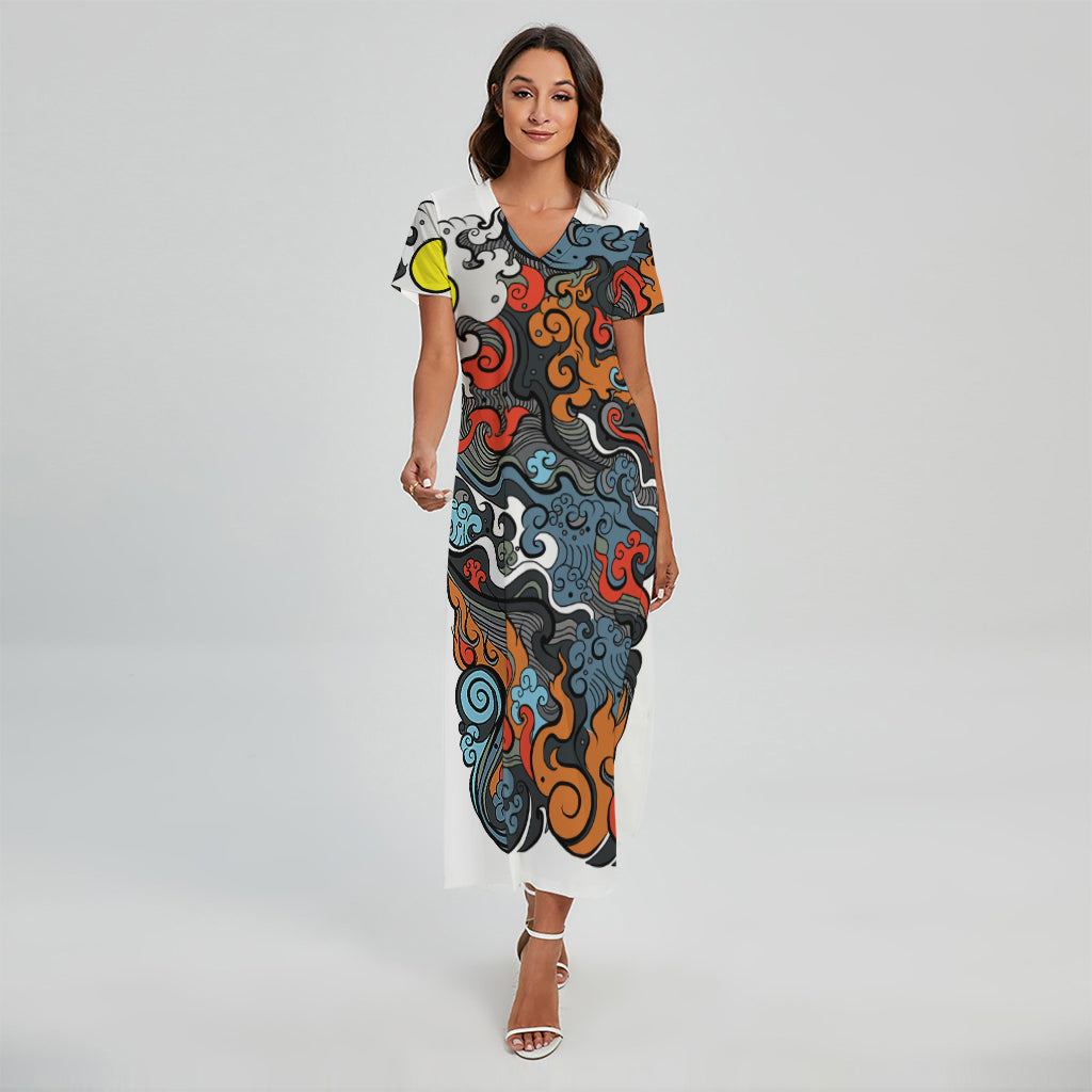 Japanese Elemental Tattoo Print Short Sleeve Maxi Dress