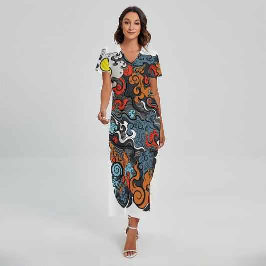 Japanese Elemental Tattoo Print Short Sleeve Maxi Dress