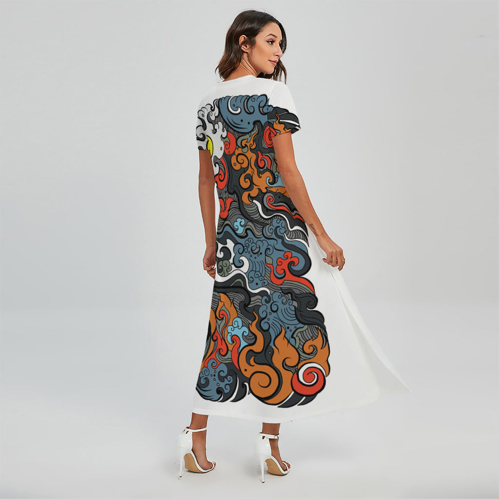 Japanese Elemental Tattoo Print Short Sleeve Maxi Dress