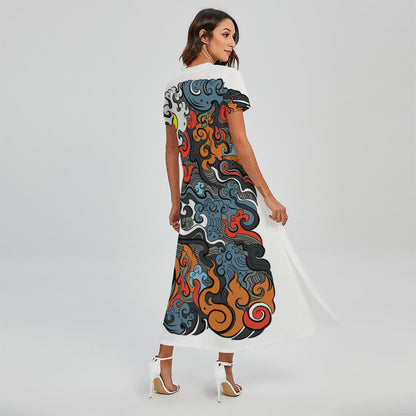Japanese Elemental Tattoo Print Short Sleeve Maxi Dress