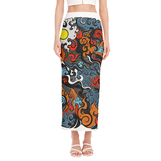 Japanese Elemental Tattoo Print Side Slit Maxi Skirt