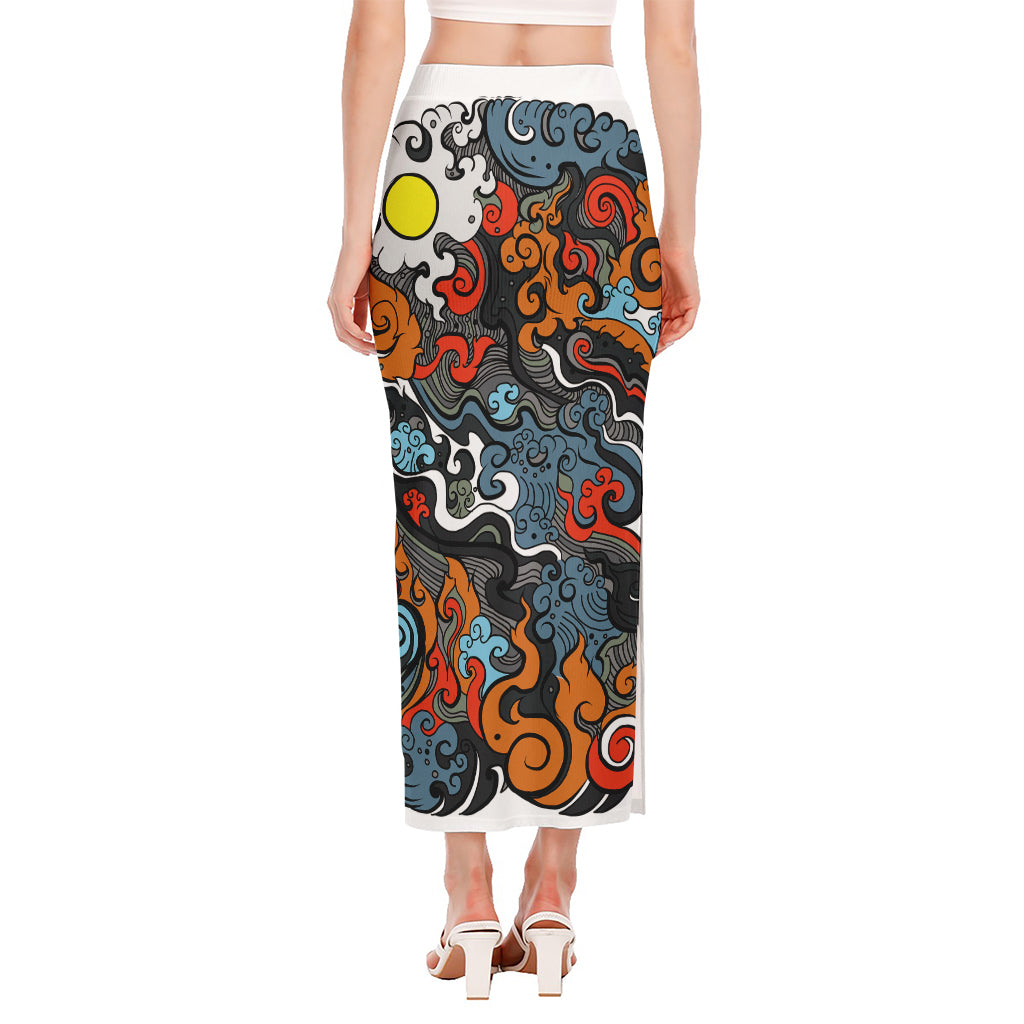 Japanese Elemental Tattoo Print Side Slit Maxi Skirt