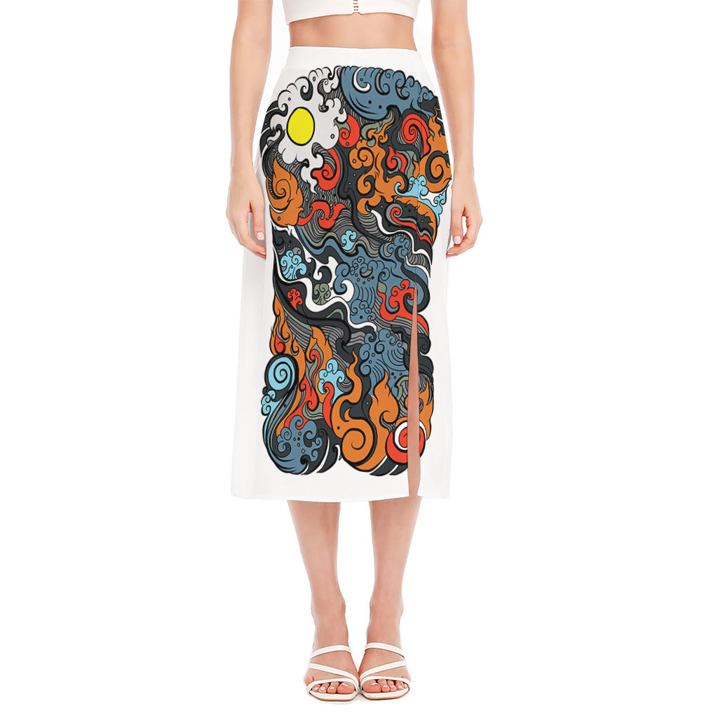 Japanese Elemental Tattoo Print Side Slit Midi Skirt