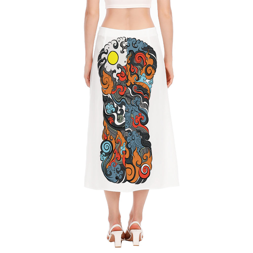Japanese Elemental Tattoo Print Side Slit Midi Skirt