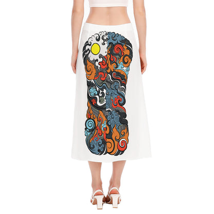 Japanese Elemental Tattoo Print Side Slit Midi Skirt
