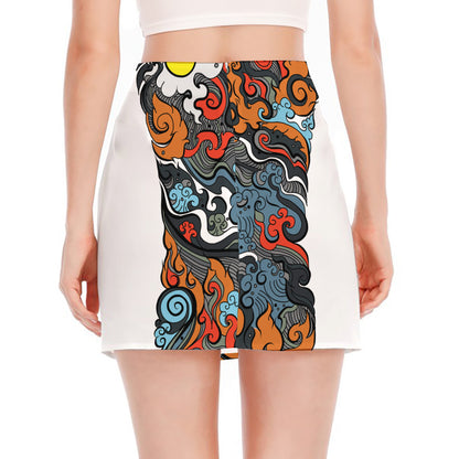Japanese Elemental Tattoo Print Side Slit Mini Skirt
