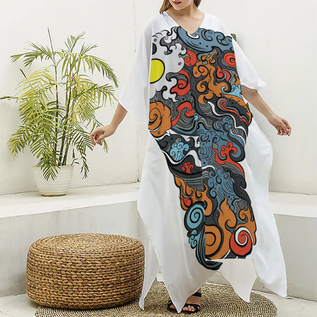 Japanese Elemental Tattoo Print Silk V-Neck Kaftan Dress