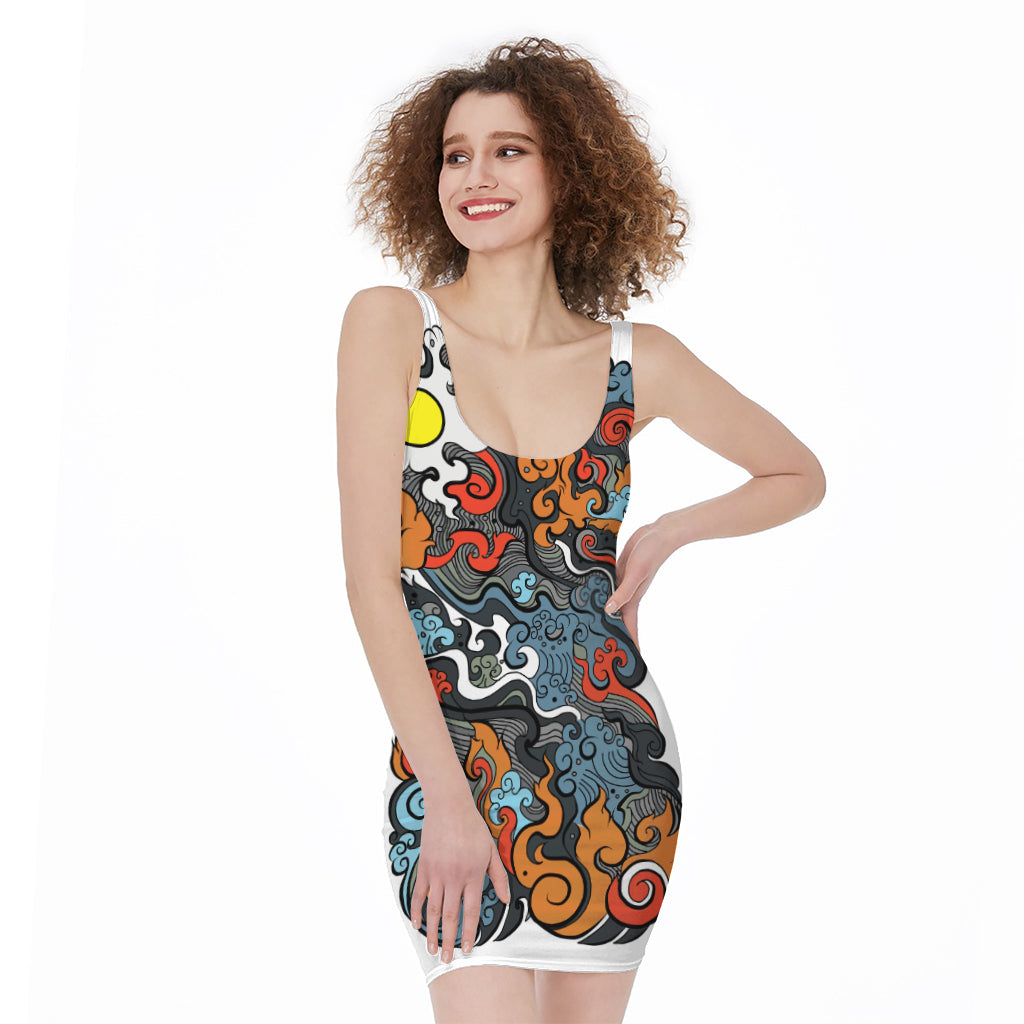 Japanese Elemental Tattoo Print Sleeveless Bodycon Dress