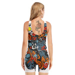 Japanese Elemental Tattoo Print Sleeveless One Piece Swimsuit