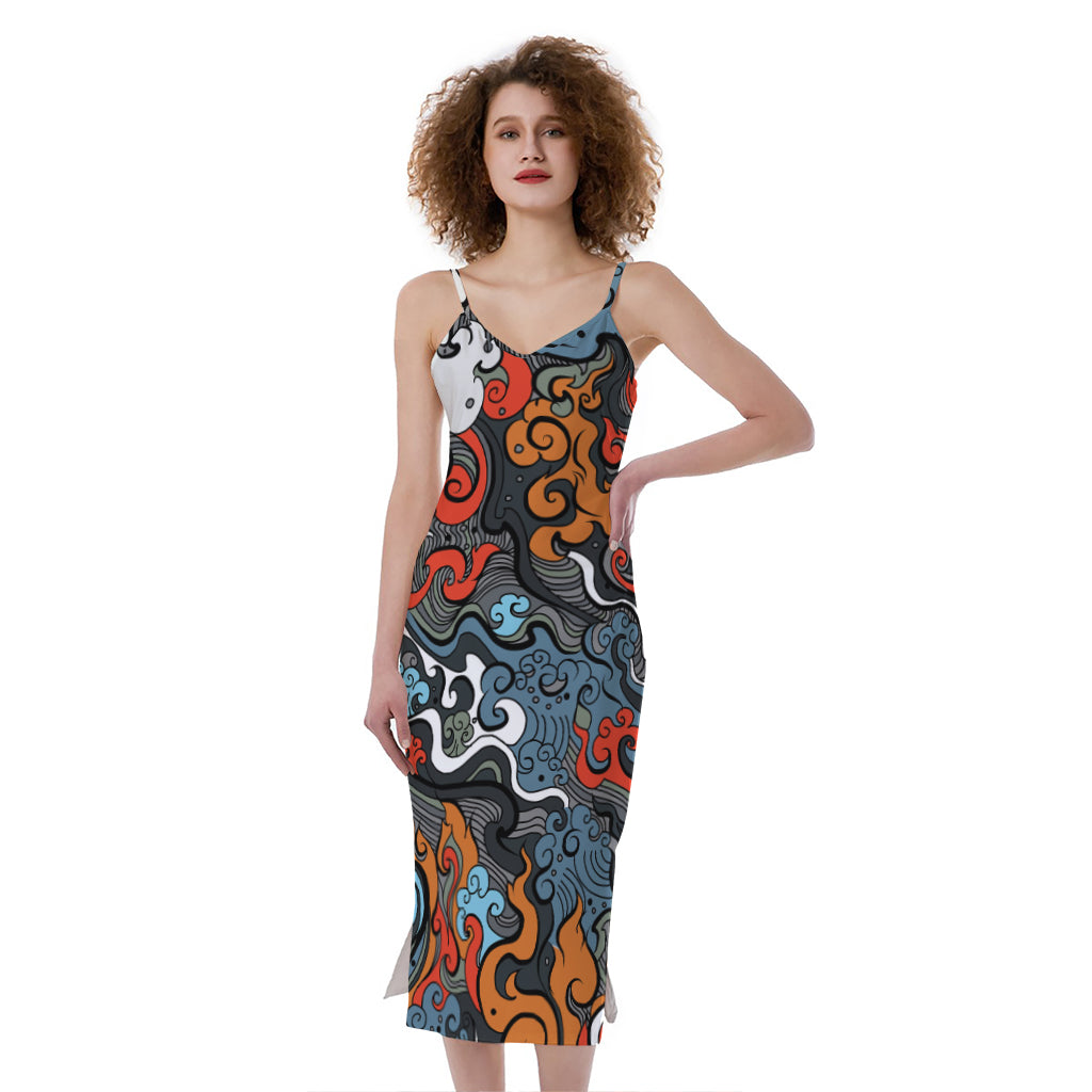 Japanese Elemental Tattoo Print Slim Fit Midi Cami Dress