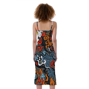 Japanese Elemental Tattoo Print Slim Fit Midi Cami Dress