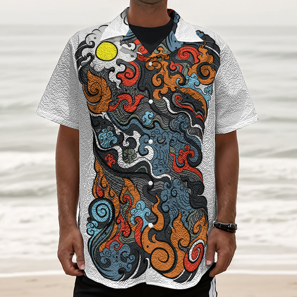 Japanese Elemental Tattoo Print Textured Short Sleeve Shirt