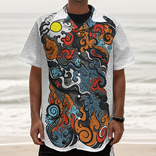 Japanese Elemental Tattoo Print Textured Short Sleeve Shirt