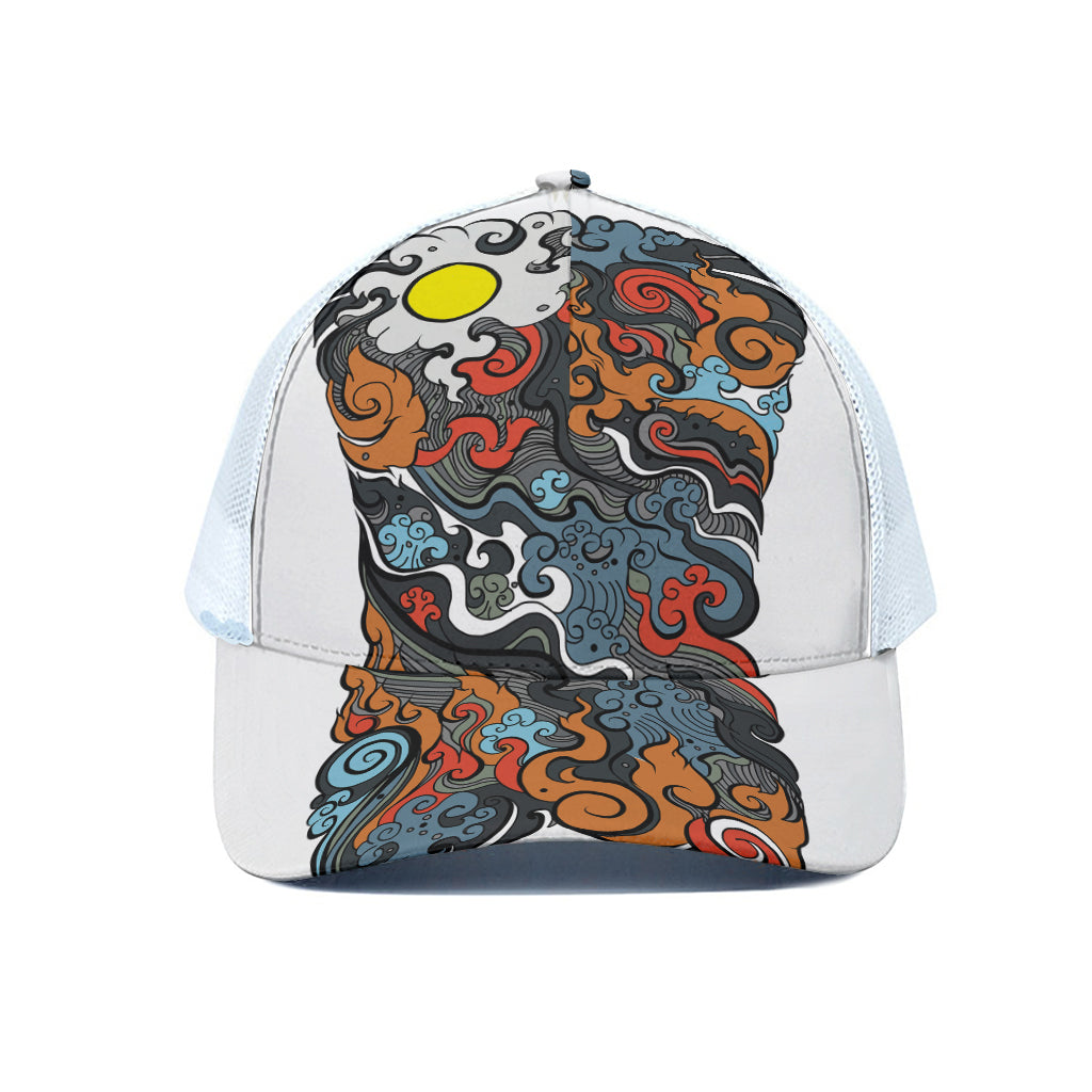 Japanese Elemental Tattoo Print White Mesh Trucker Cap