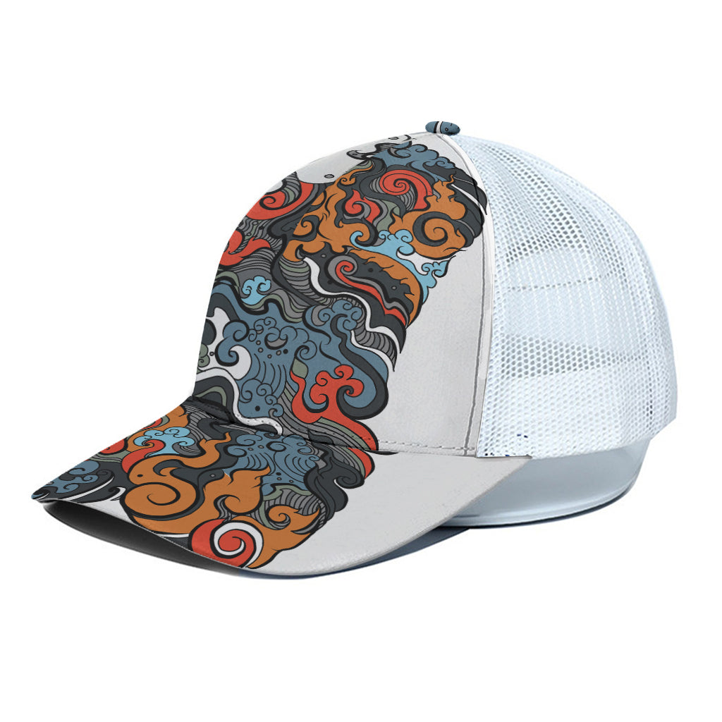 Japanese Elemental Tattoo Print White Mesh Trucker Cap