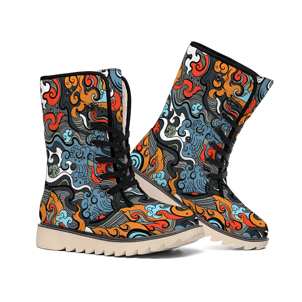 Japanese Elemental Tattoo Print Winter Boots