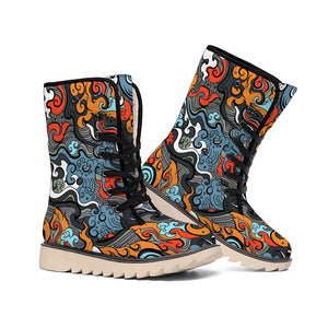 Japanese Elemental Tattoo Print Winter Boots