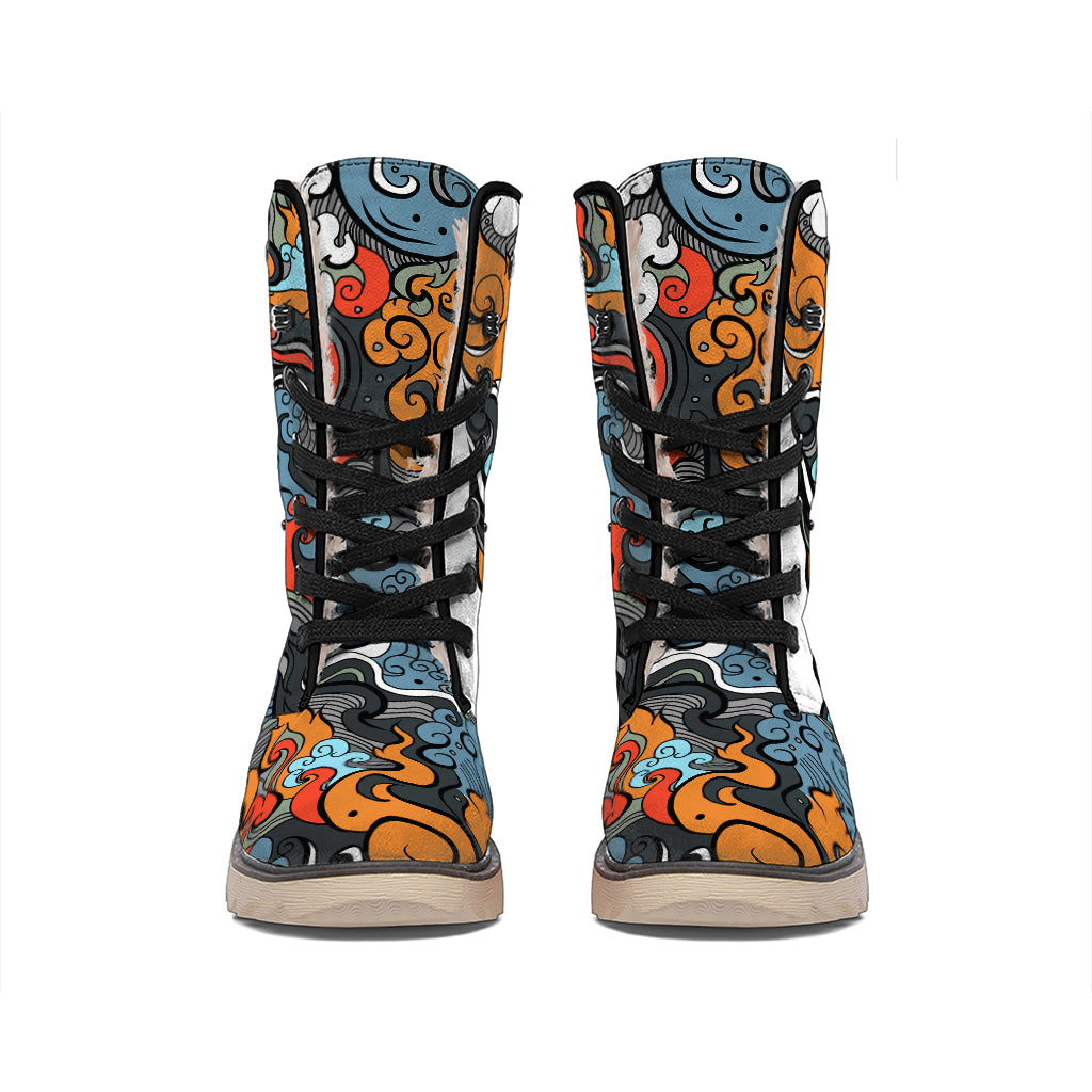 Japanese Elemental Tattoo Print Winter Boots