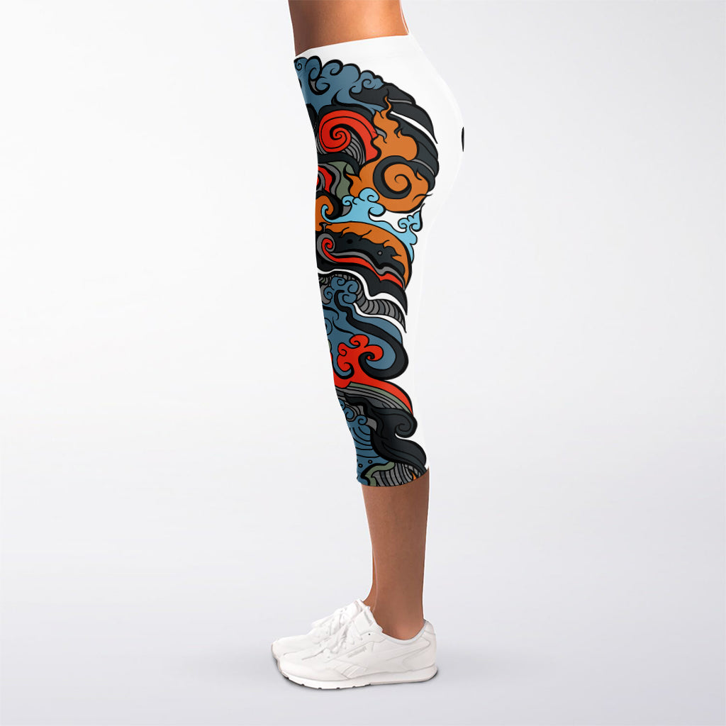 Japanese Elemental Tattoo Print Women's Capri Leggings