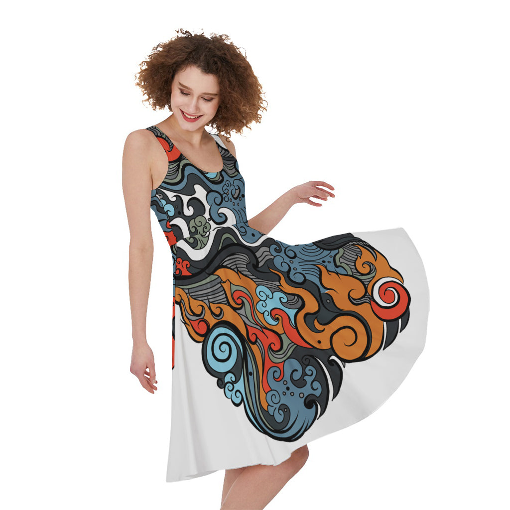 Japanese Elemental Tattoo Print Women's Sleeveless Dress