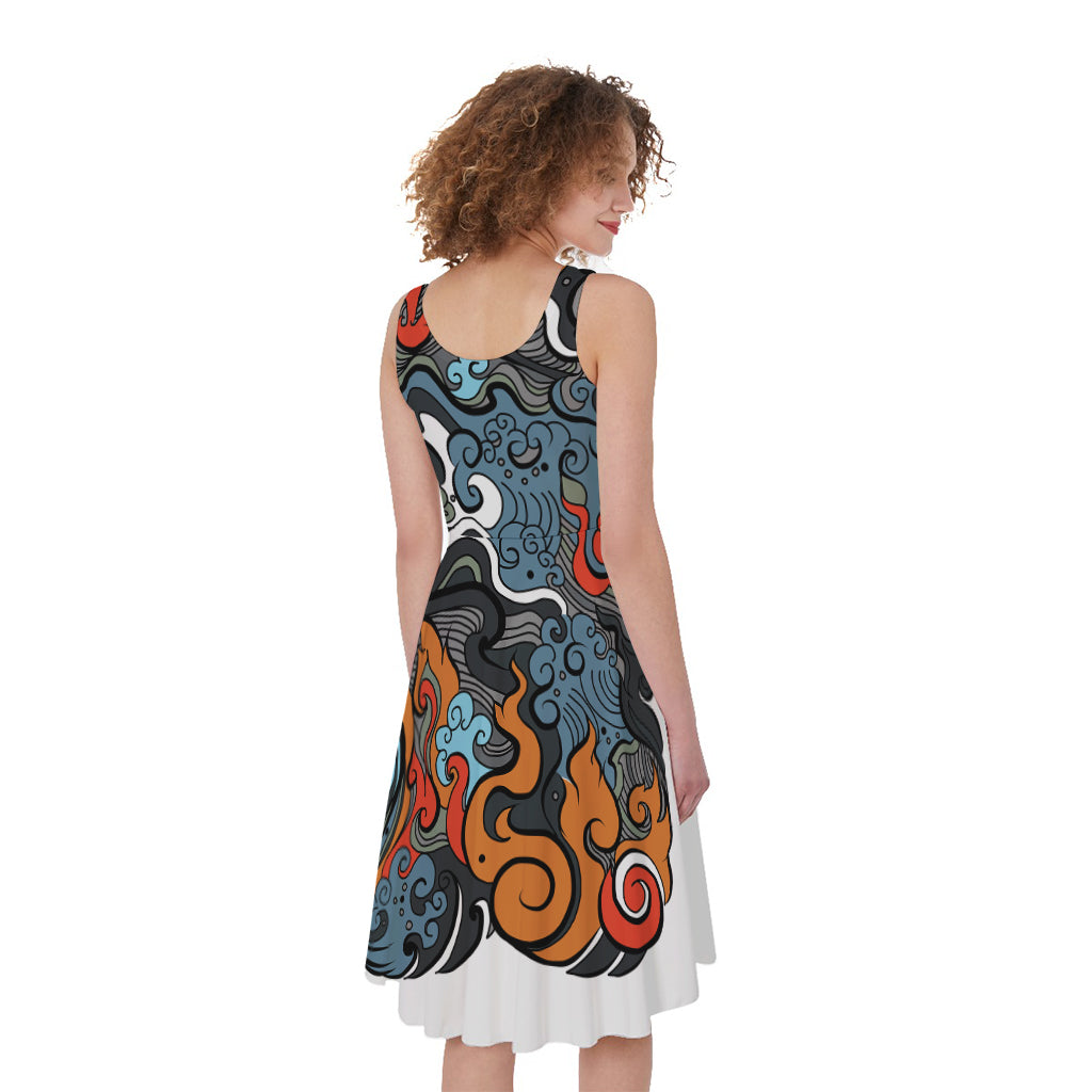 Japanese Elemental Tattoo Print Women's Sleeveless Dress