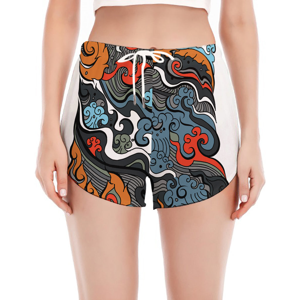 Japanese Elemental Tattoo Print Women's Split Running Shorts