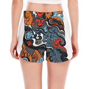 Japanese Elemental Tattoo Print Women's Split Running Shorts